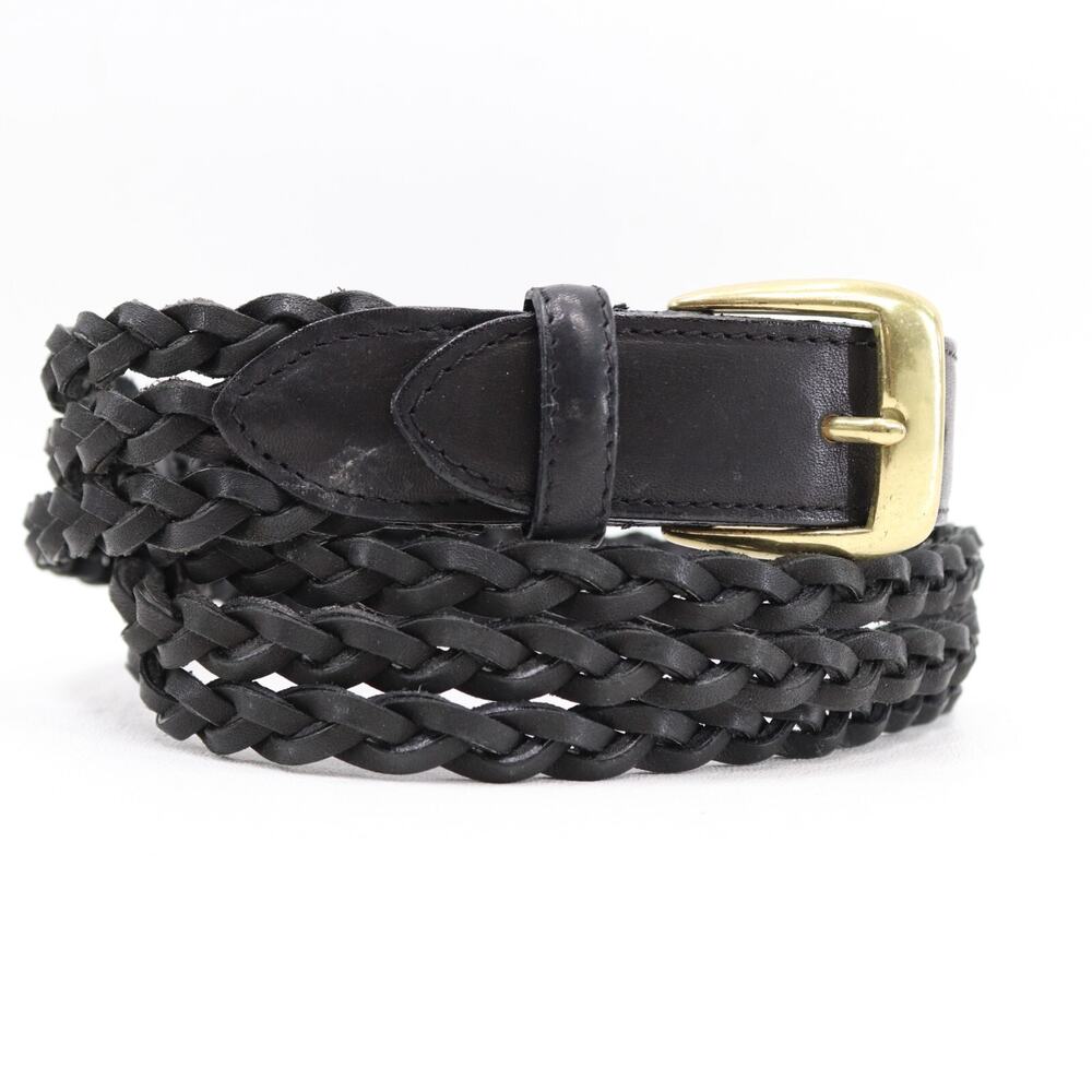 Vtg Braided Belt Women Large Black Leather Triple Plaited Draped Brass Buckle